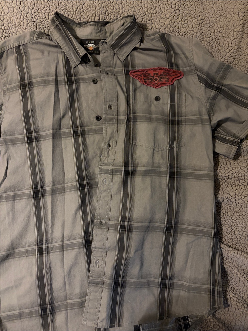 Harley-Davidson Gray Plaid Short-Sleeve Button-Down Shirt with Red Patch